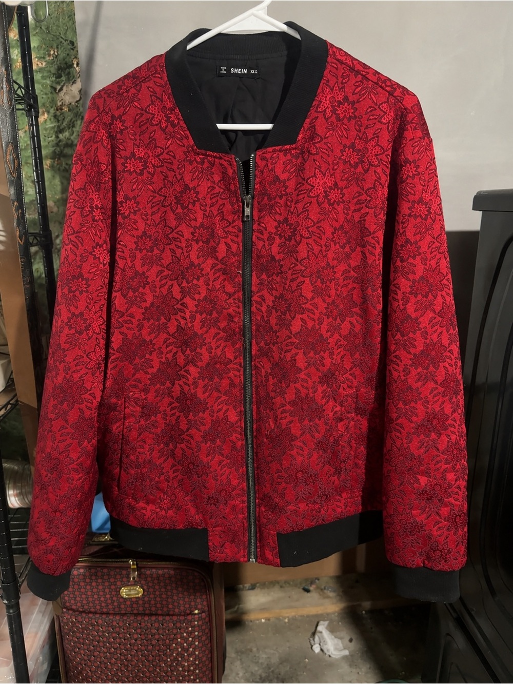 SHEIN Red Floral Brocade Bomber Jacket with Black Trim